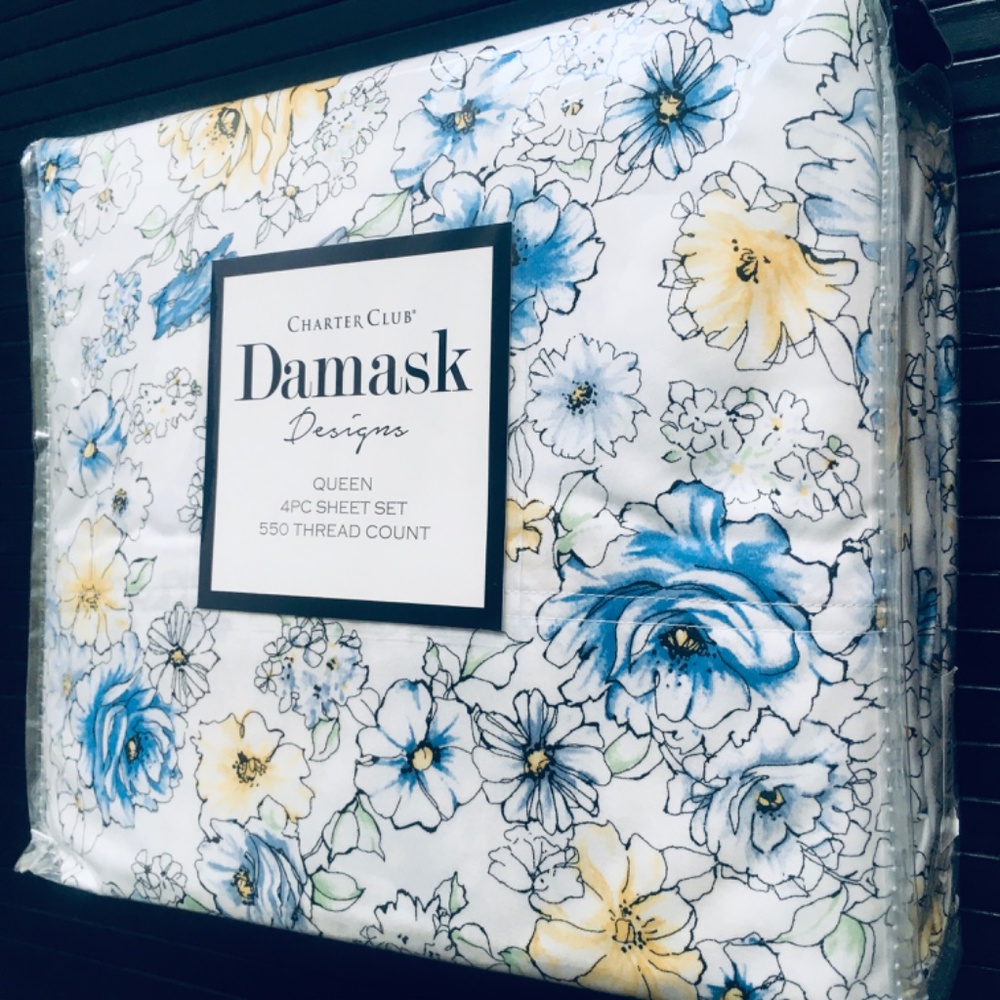 new Outlined Floral Cornflower Charter Club Solid 550 TC Cotton QUEEN Sheet Set - Picture 10 of 13